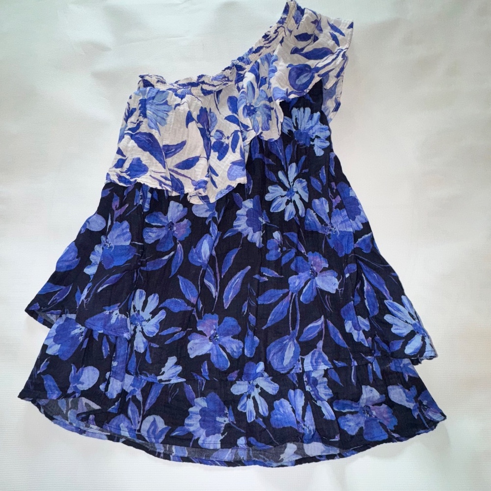 Anthropologie One-Shoulder Blue Floral Tiered Ruffle Dress